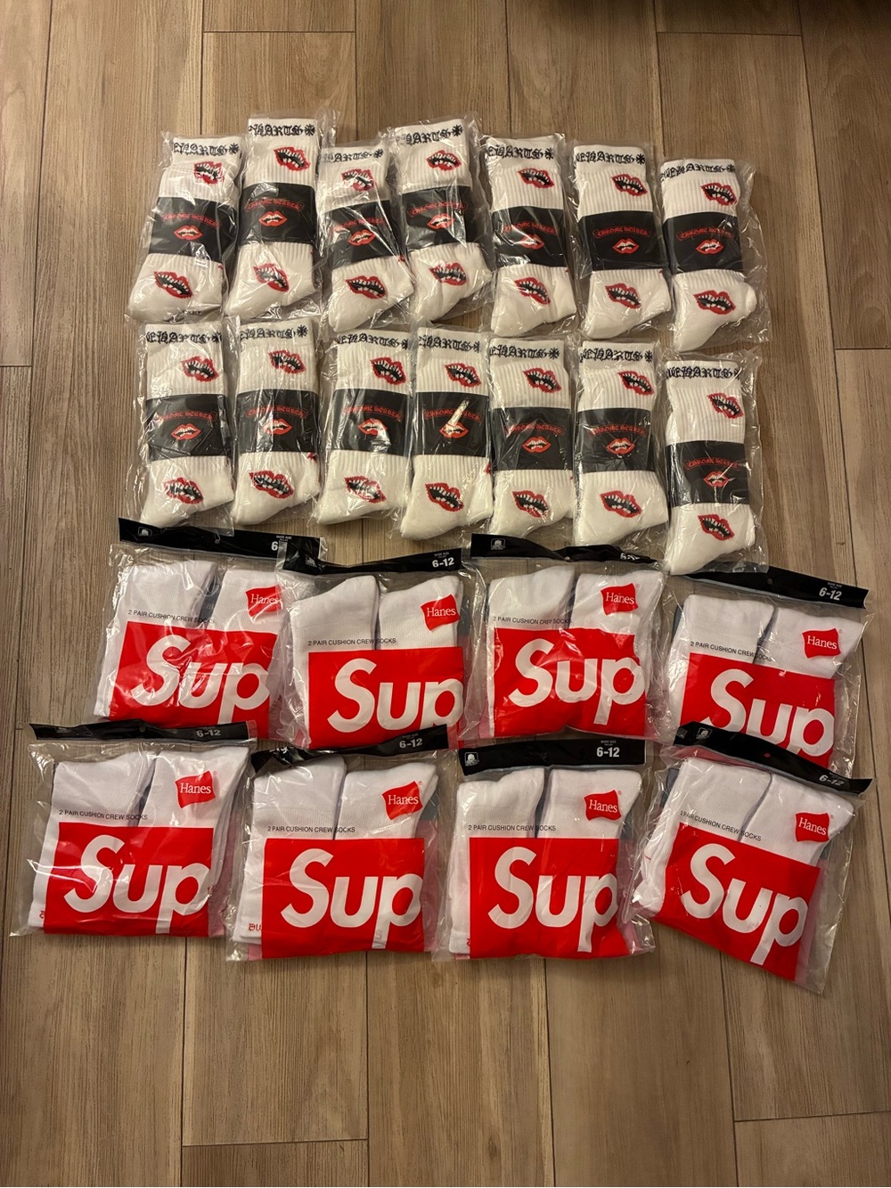 Supreme White Crew Socks & Chrome Heart Red and Black Logos - Pack